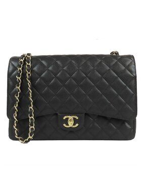 Chanel Double Flap Chain Black Gold Caviar Leather Maxi Quilted Shoulder Bag